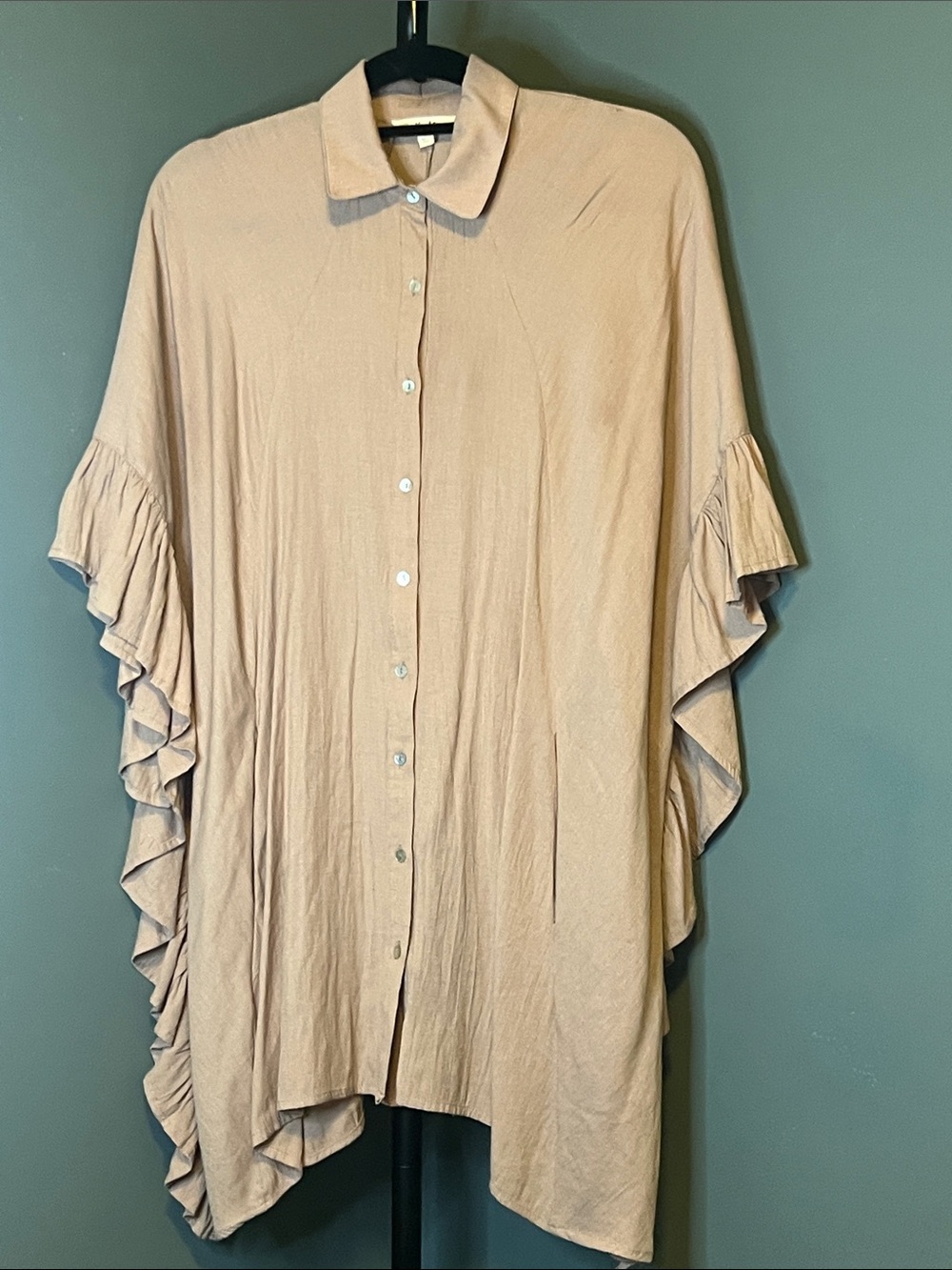 Flowy Ruffle-Sleeve Button-Down Shirt in Light Taupe